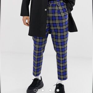 ASOS Blue Plaid Tapered Cropped Trouser Pants